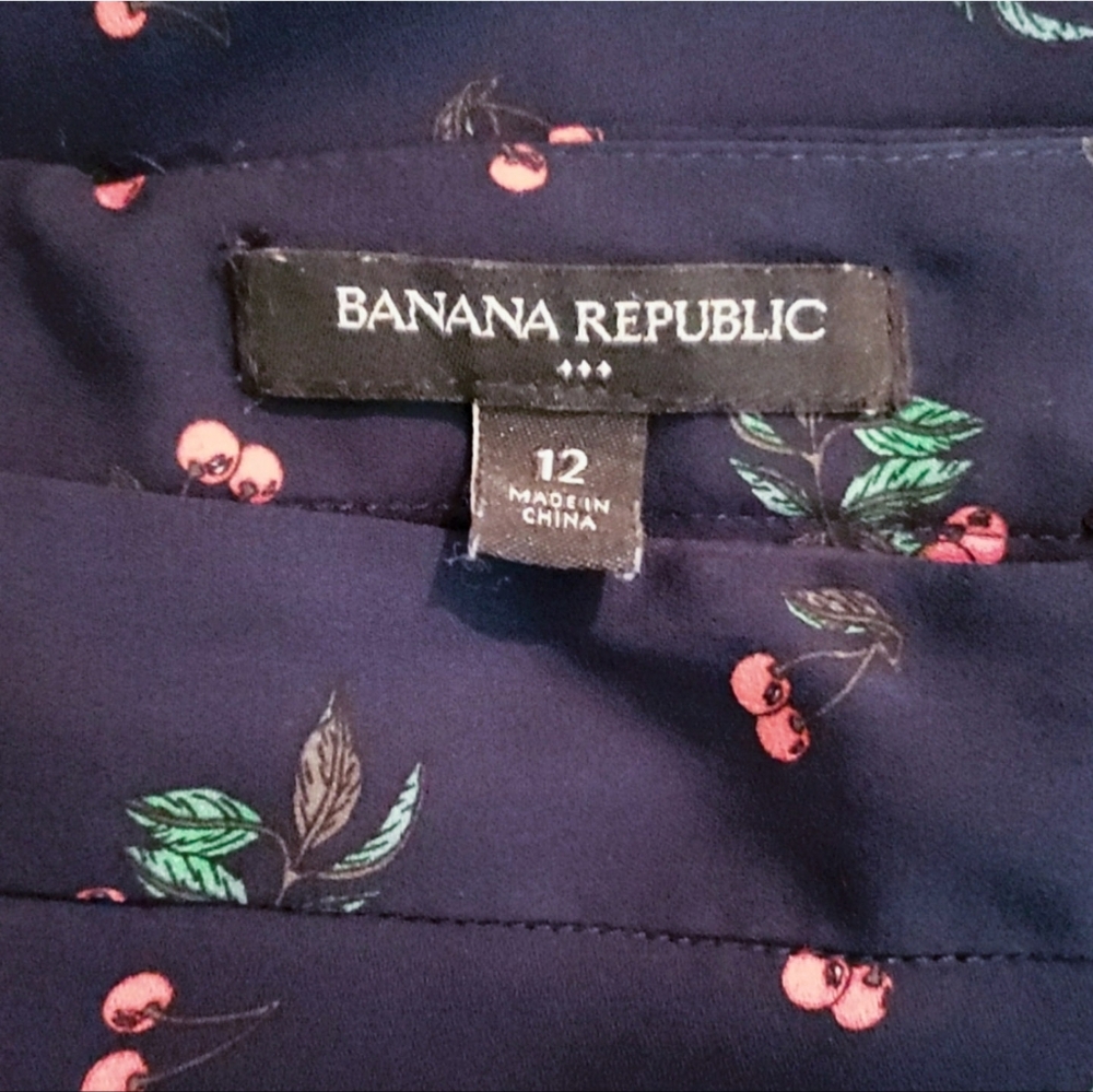 Banana Republic Cherry Print Skirt Ruffle Navy Blue Retro Rockabilly Red - Picture 3 of 3